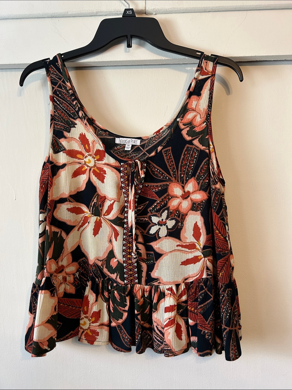 Patrons of Peace Black Tank Top with Coral & Cream Floral Print